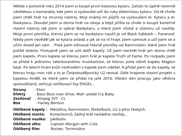 Někde v polovině roku 2014 jsem si koupil první basovou kytaru. Začalo to úplně nevinně návštěvou u kamaráda, kde jsem si vyzkoušel vzít do ruky elektrickou kytaru. Od té chvíle jsem chtěl hrát na strunný nástroj. Moji známý mi půjčili na vyzkoušení el. Kytaru a el. Baskytaru. Zkoušel jsem si doma hrát na oboje a když přišla ta chvíle si koupit konečně vlastní nástroj tak jsem si vybral Baskytaru, u které jsem zůstal a zůstanu už navždy.  Moje první písnička, kterou jsem se na baskytaru naučil je od Black Sabbath – Paranoid. Nikdy jsem nevěděl jak se kytara ovládá a jak se na ní hraje. Jsem samouk a učil jsem se a učím doteď jen sám  . Poté jsem trénoval hlavně písničky od Rammstein, které jsem hrál pořád dokola. Postupně jsem se učil další kapely. Už jsem nechtěl hrát jen doma chtěl jsem kapelu. První kapela se kterou jsem hrál je kapela Truth of Fame. Po rozpadu jsem se přidal k jednomu talentovanému muzikantovi, se kterou jsme oživili kapelu Magion beat. Po letech hraní kvůli neshodám v kapele jsem odešel. A přidal jsem se do kapely, se kterou hraju moc rád a to je Českobudějovický U2 revival. Dále hrajeme vlastní projekt s kapelou Anděl, ke které jsem se přidal na jaře 2016. Všední den pracuju jako většina spoluobčanů, seřizuji vstřikovací lisy ENGEL… Struny        - Elixir Efekty         - Bass Boss over drive, Wah -pedal Cry Baby Zesilovač    - Ampeg SVT - CL Box               - Harley Benton Oblíbené kapely :   Metallica, Rammstein, Nickelback, U2 a plno českých. Oblíbené motto:     Koneckonců, žádný král nevládne navždy... Oblíbené nealko:    Jakékoliv Oblíbené alko:         Captain Morgan with Cola Oblíbený film:          Rocker, Terminátor